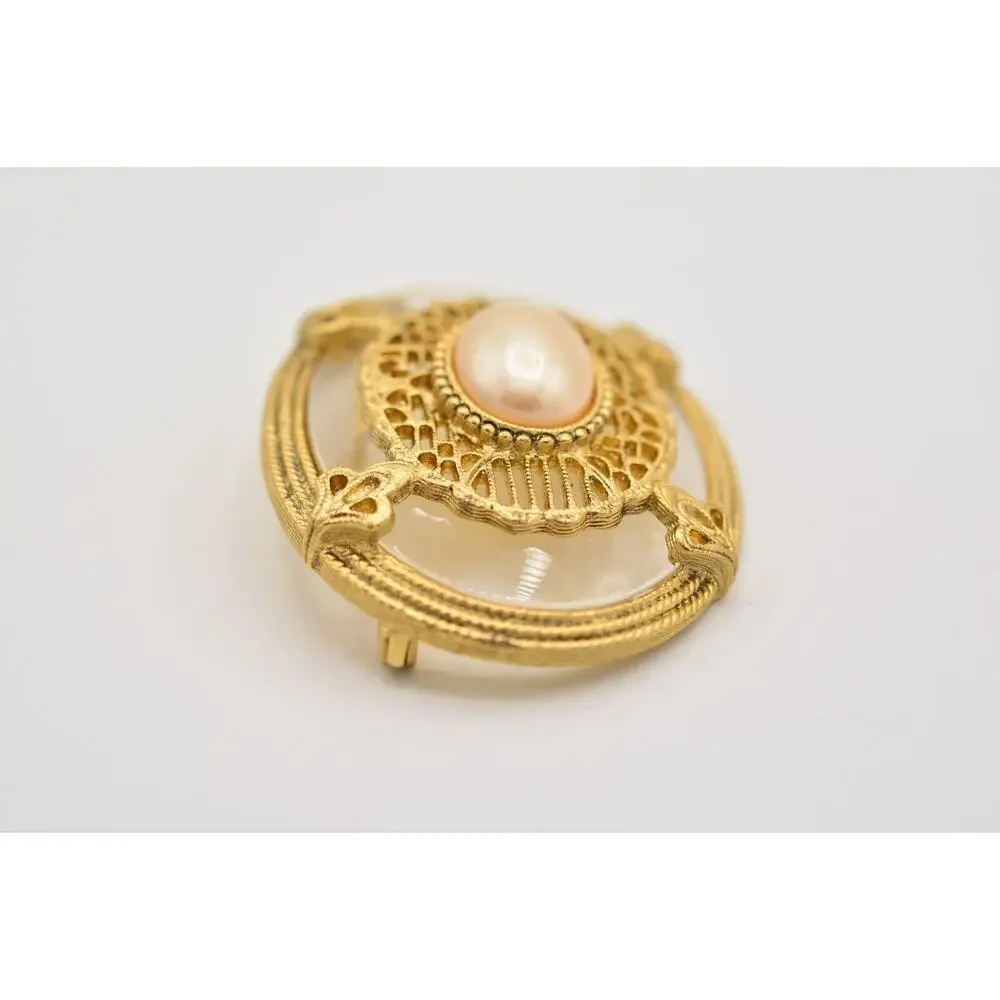1928 Vintage Clear Lucite Pearl Pin Brooch Oval Antiqued Gold Chunky 1980s BinAL